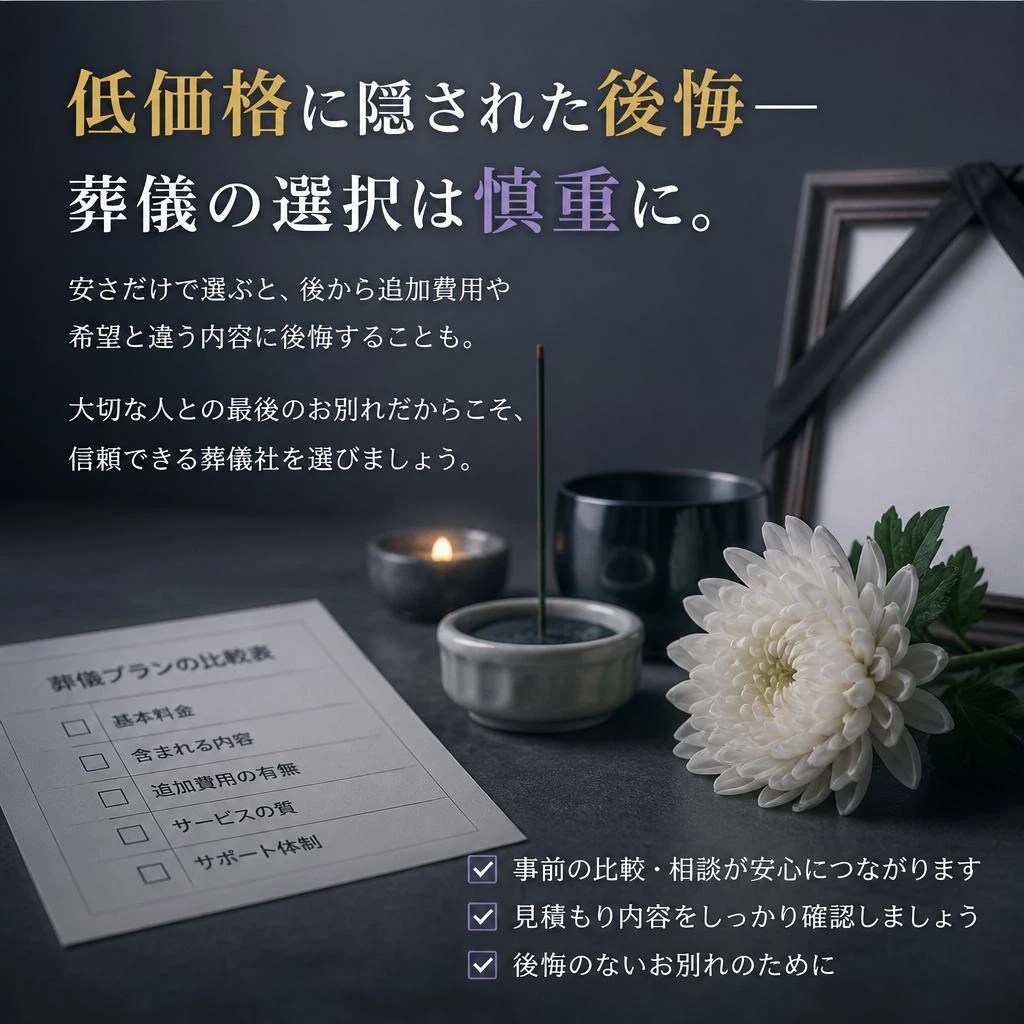 低価格に隠された後悔—葬儀の選択は慎重に。